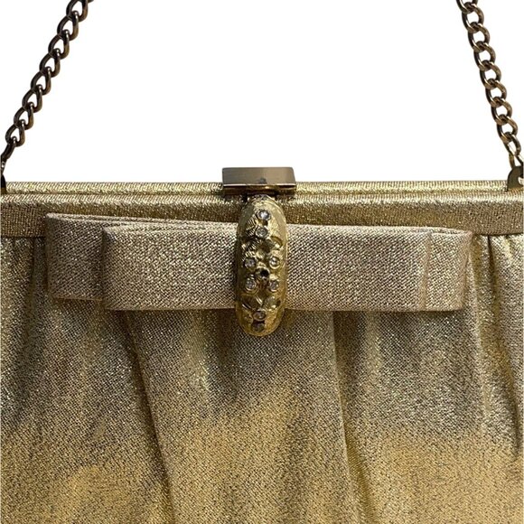Vintage After Five Women’s Gold Mesh Chain Strap & Rhinestone Bow Accent Clutch - Picture 2 of 8